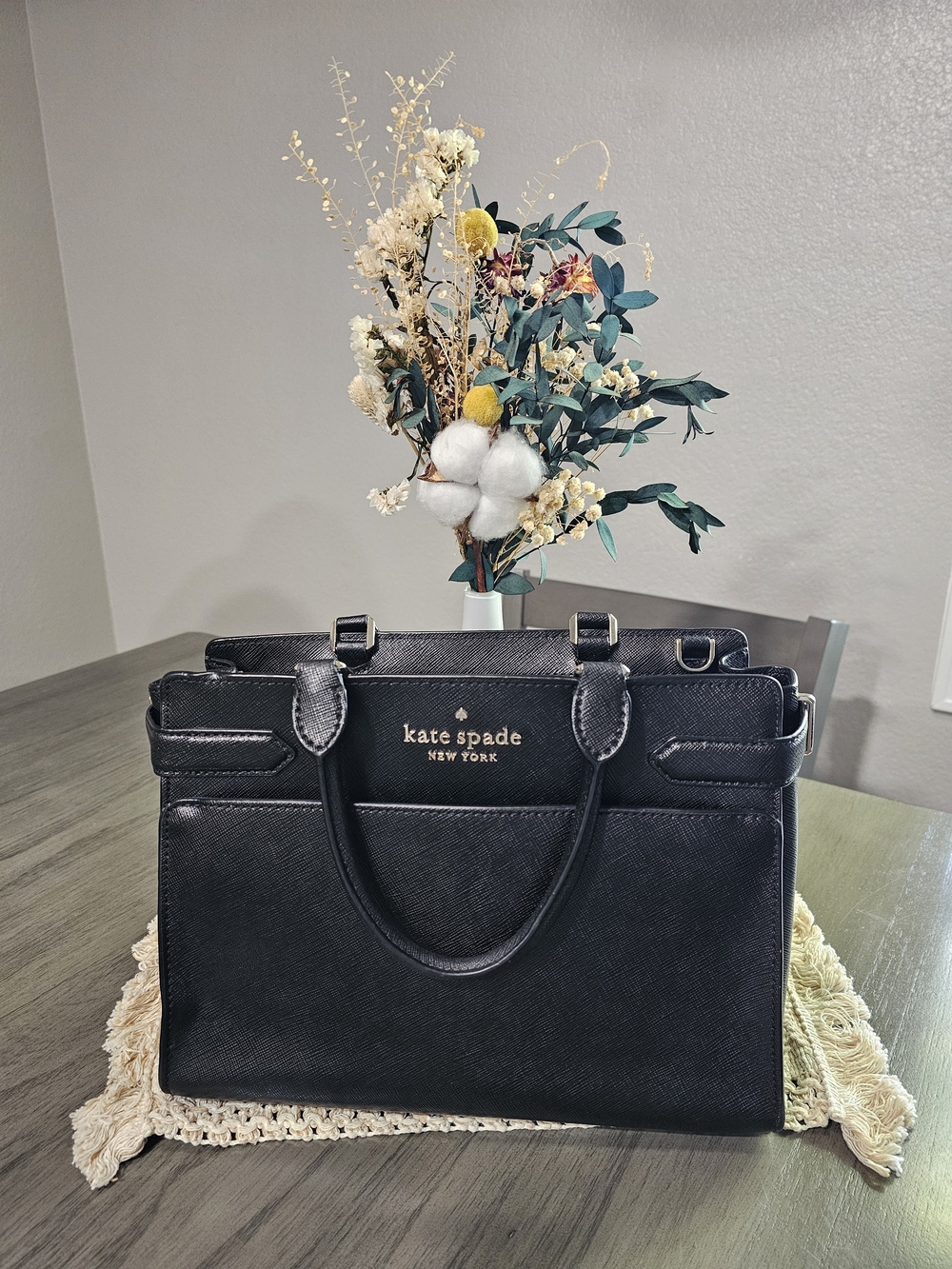 kate spade black Saffiano leather satchel with gold logo